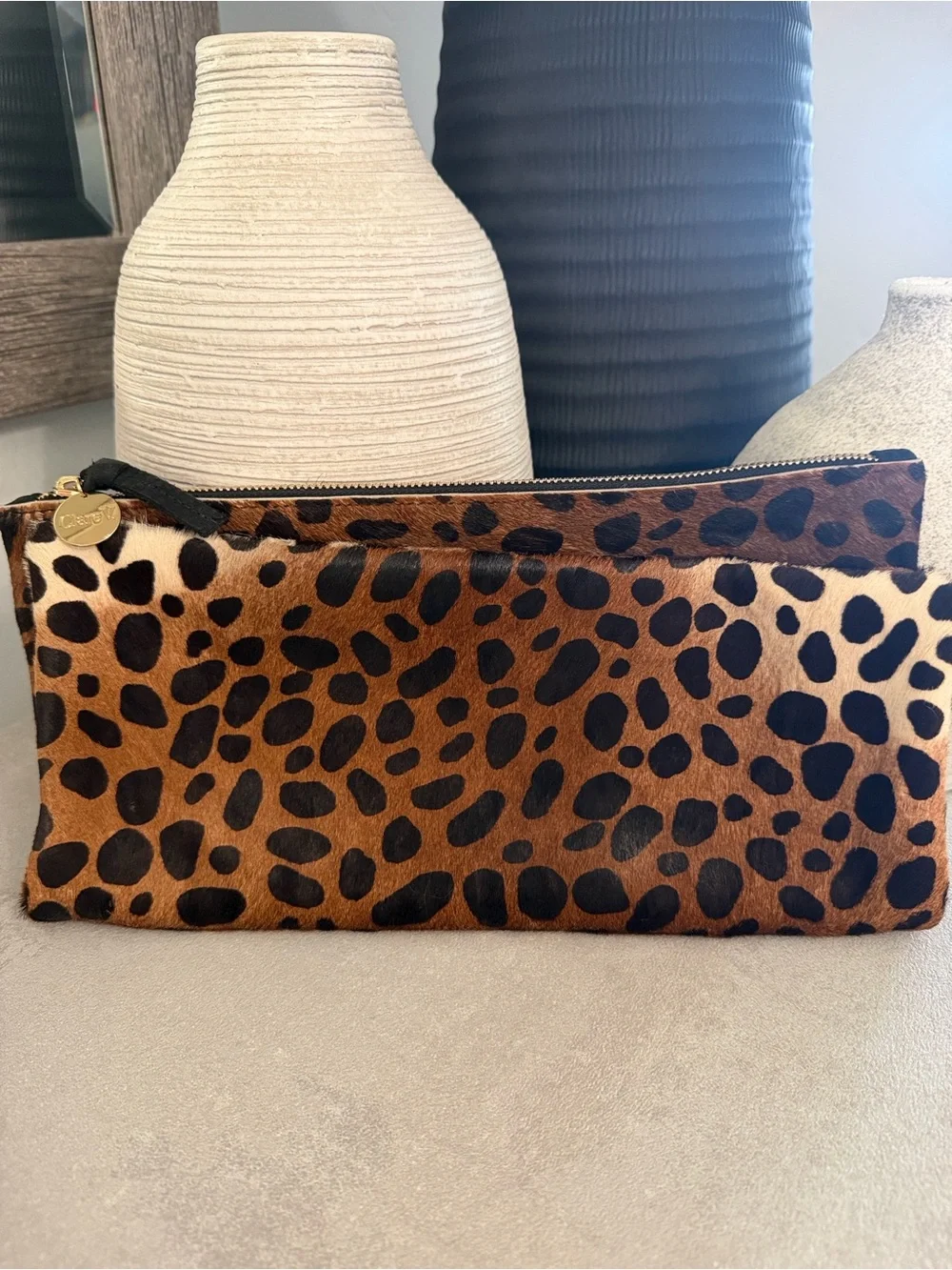 Clare V. Leopard Print Haircalf Zip Pouch Clutch